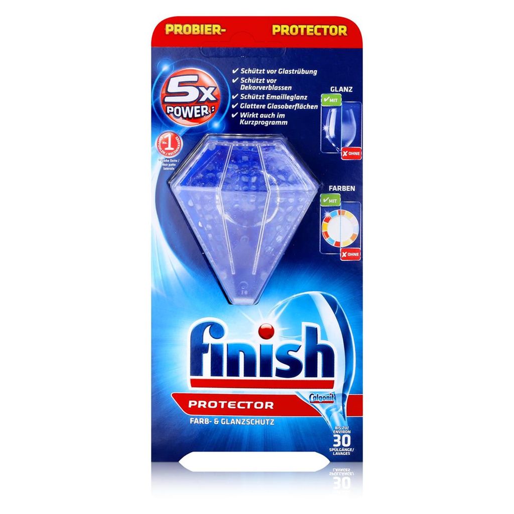 A product package for Finish Protector dishwasher tablets.