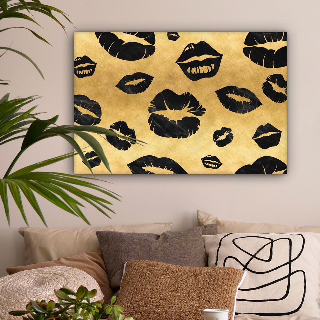 OneMillionCanvasses - Leinwandbilder - 150x100 cm, Muster - Kuss - Gold - Schwarz, Wandbilder Kunstdruck Wanddekoration