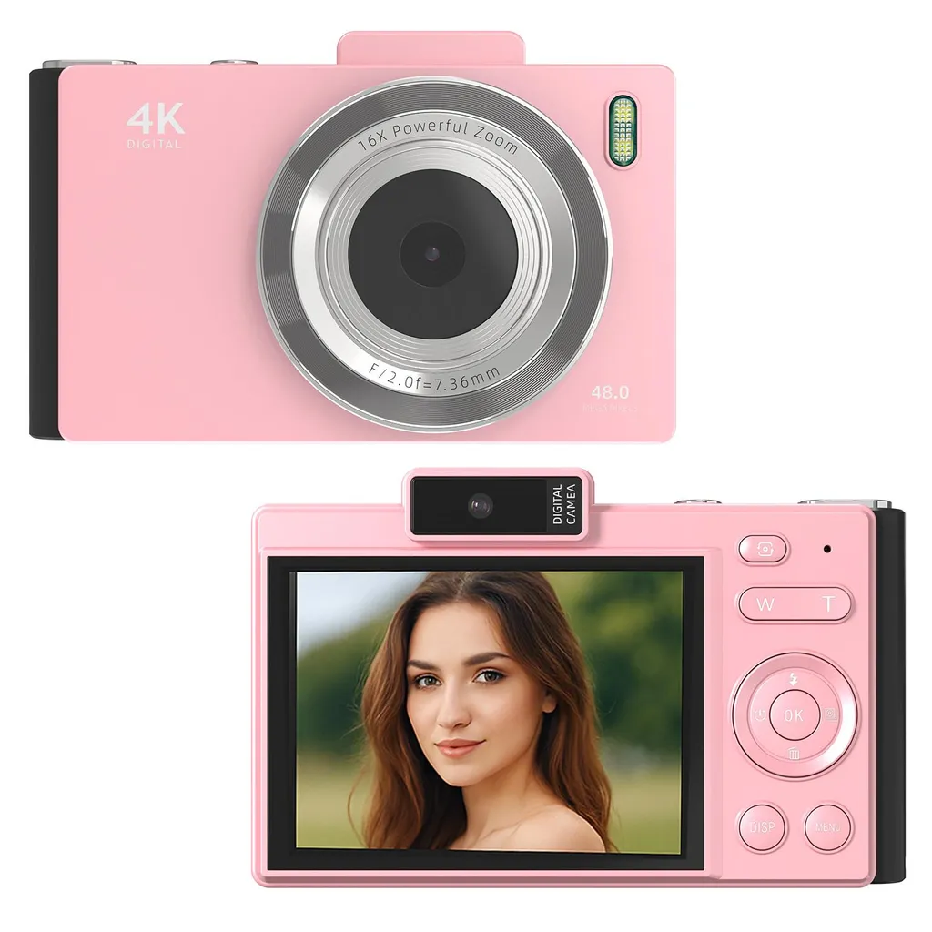 Fotocamera digitale AIORBER 4K, 48MP, zoom 16x, fotocamera per selfie e vlog, display LCD, flash integrato, trasferimento foto OTC, compatta, rosa