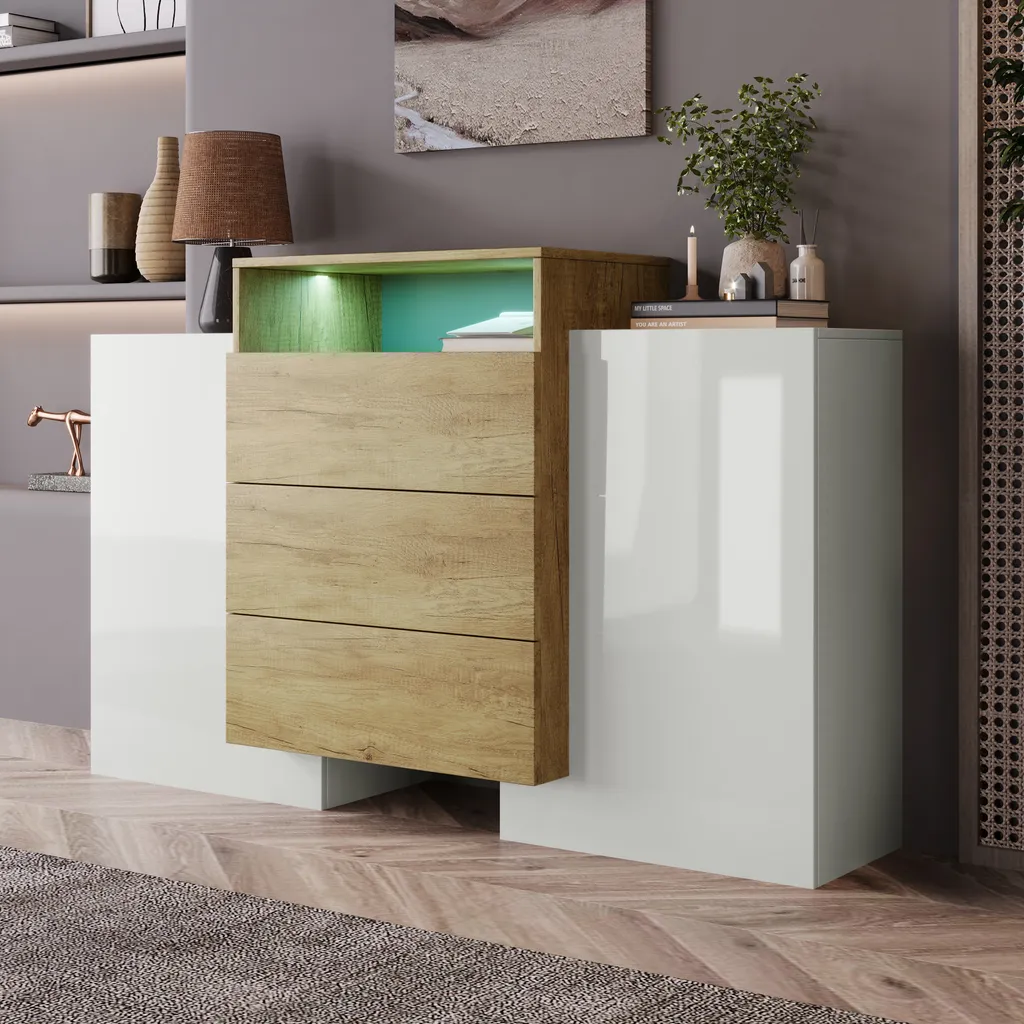 Meuble de Rangement 140cm pour Salon Moderne - Buffet Blanc avec LED