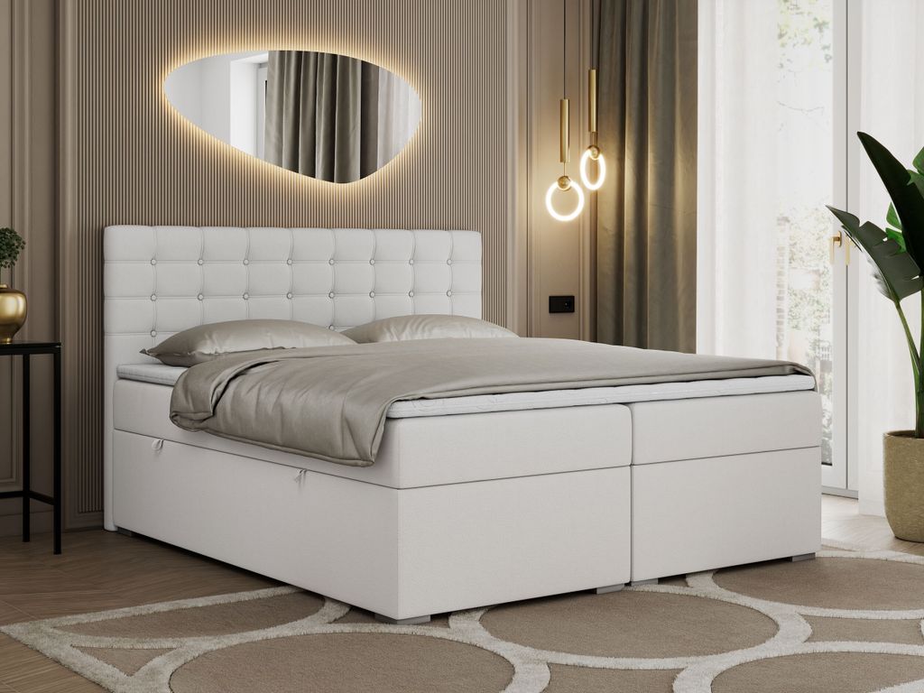 Boxspringbett 200x200 mit Bettkasten, Bett 200x200 mit Matratze und Topper - SUSAN - 200x200 - Weiß - Kunstleder - H3