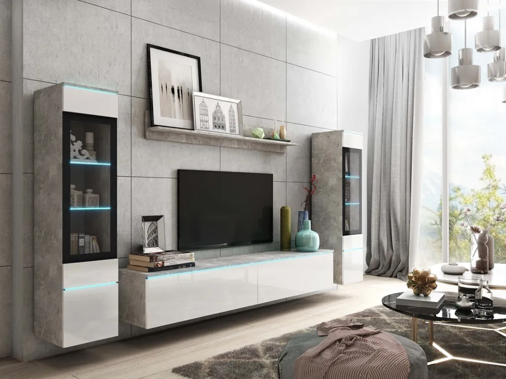 Meuble-paroi VEVE 2 Minio 3 pièces avec éclairage LED béton et blanc