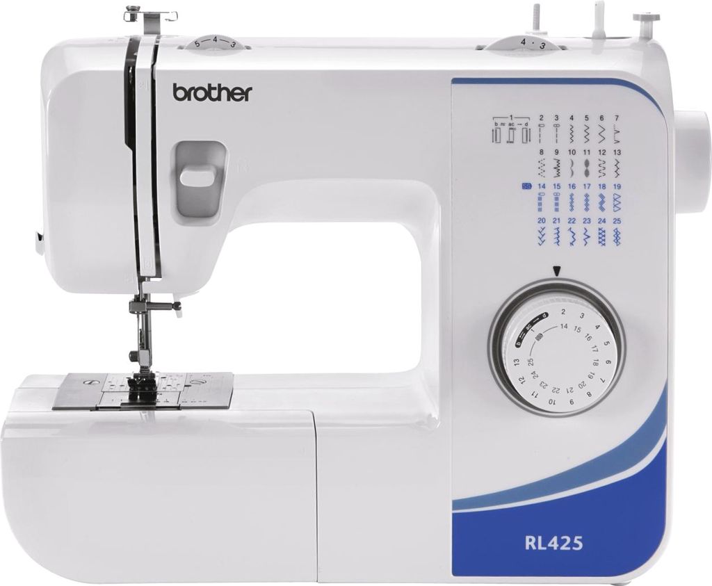 A white Brother sewing machine with blue accents, shown from a front-side angle against a white background.