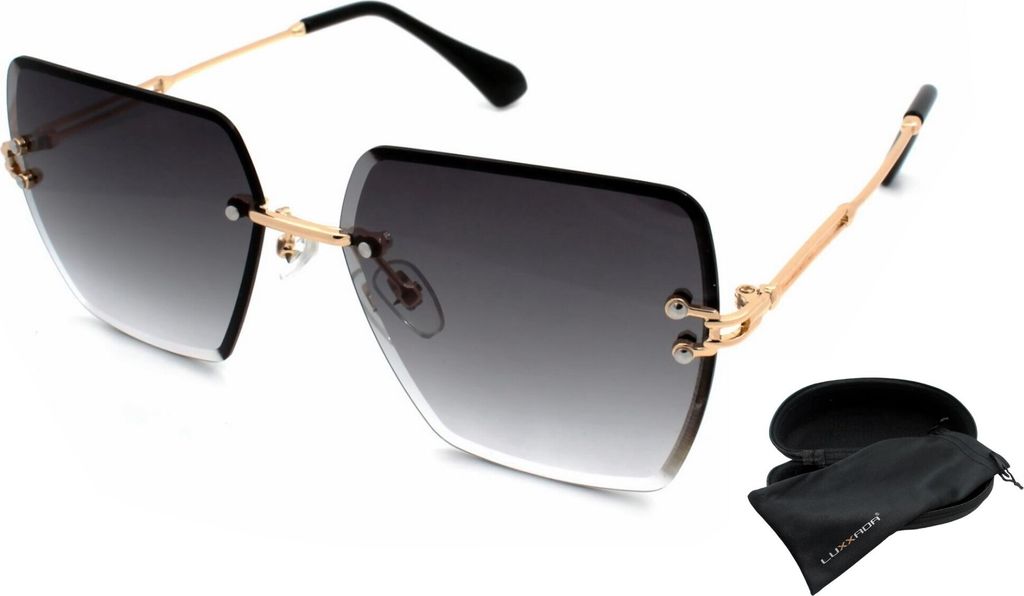 Luxus Damen Sonnenbrille Gold wertige Facettenschliff Gläser Quadratisch Rahmenlos Festivalbrille Schwarz Verlaufsgetönt