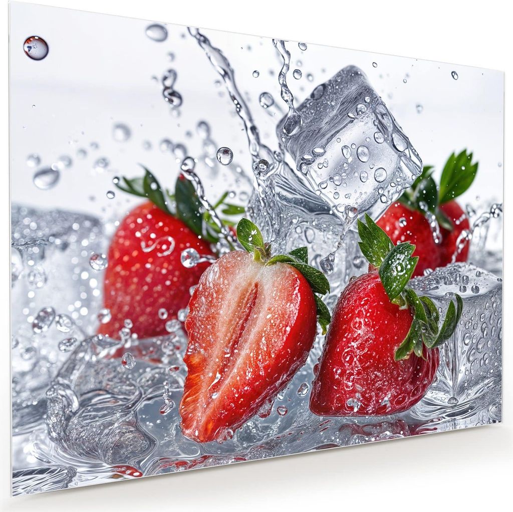Glasbild 120x90cm in XXL für Wohnzimmer, Schlafzimmer Motiv Erdbeeren im Wasser