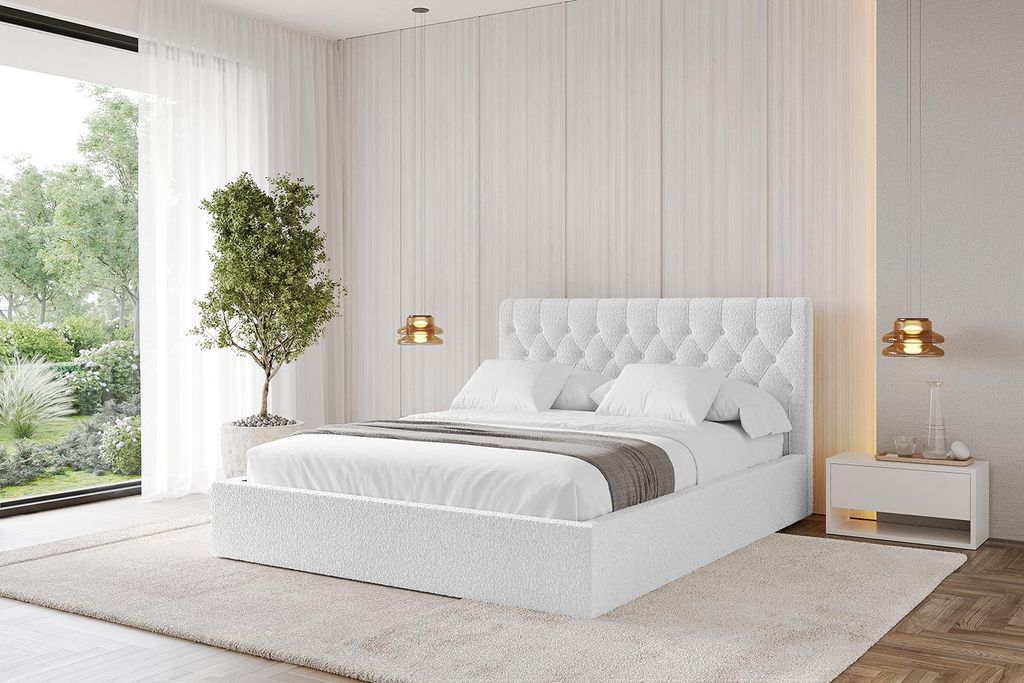 ALTDECOR Polsterbett mit Bettkasten - RENO 180x200 Weiß und Lattenrost, Bett mit Matratze H3/H4, Kopfteil, Boxbett, Doppelbett mit Stauraum