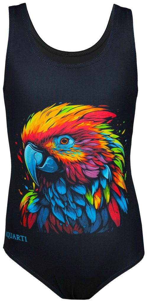 Aquarti Mädchen Badeanzug mit Ringerrücken Print, Farbe: Papagei / Schwarz, Größe: 146