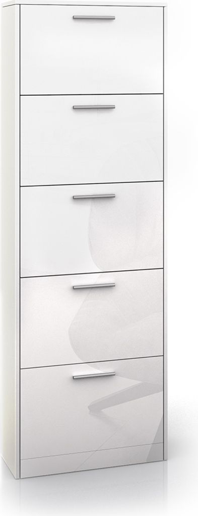 A white shoe cabinet with five drawers, shown from the front.