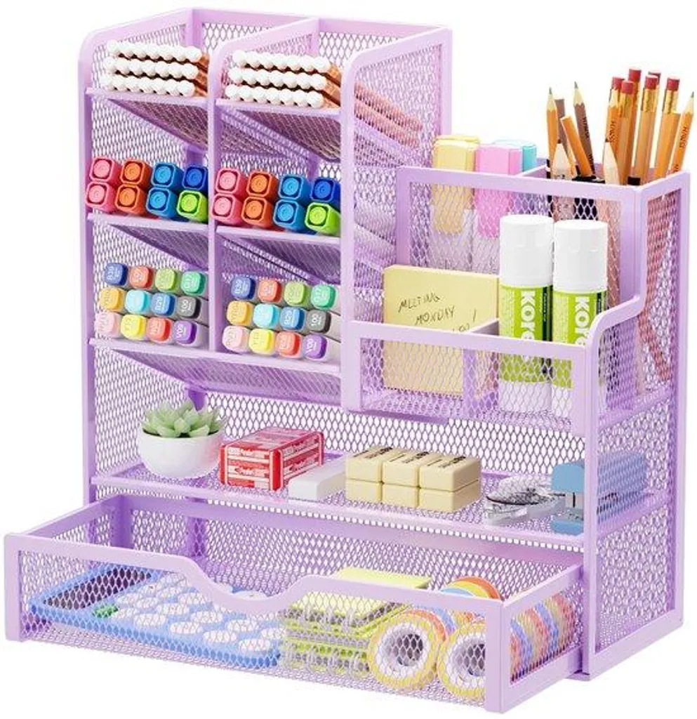 Organiseur de bureau anti-encombrement violet en maille avec petit tiroir