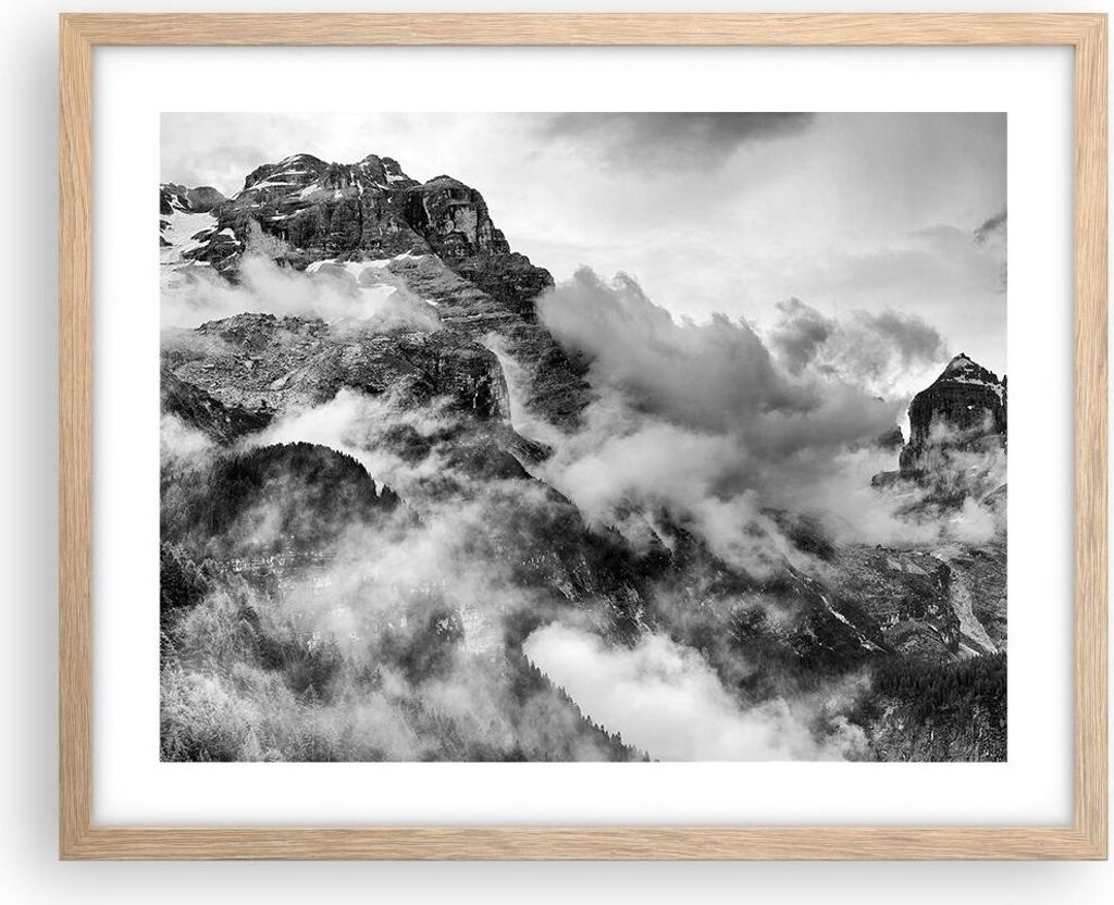 Gerahmtes Poster - Rahmen in heller Eiche - Berge Nebel Gipfel - 50x40 cm - Wand Bild - Wanddeko - Wandbilder - Wandposter - Bilderrahmen - Bilder ...