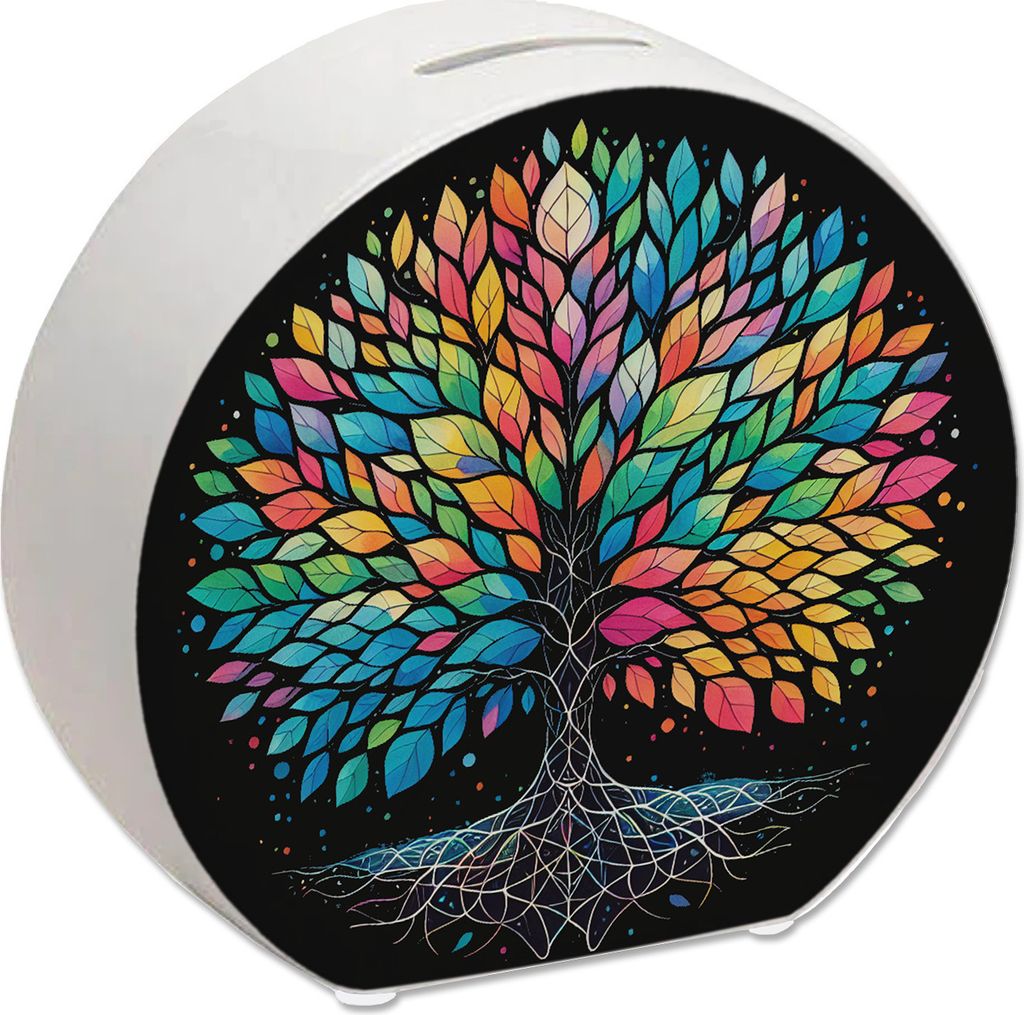 Bunte Keramik Spardose Lebensbaum Motiv 13cm hoch 14cm Produktbild 