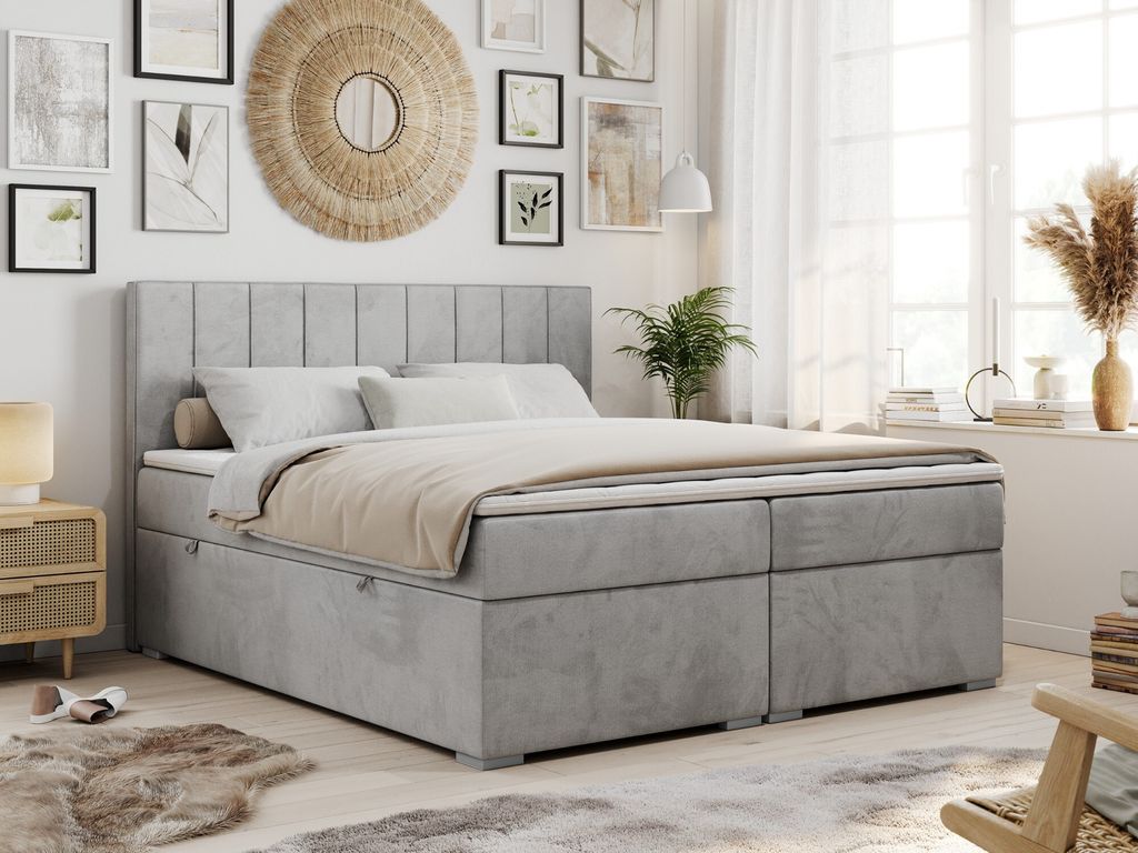 Boxspringbett mit 2 Bettkästen, Matratze und Topper, Polsterbett - ALLY - 120x200cm - Hellgrau - H4