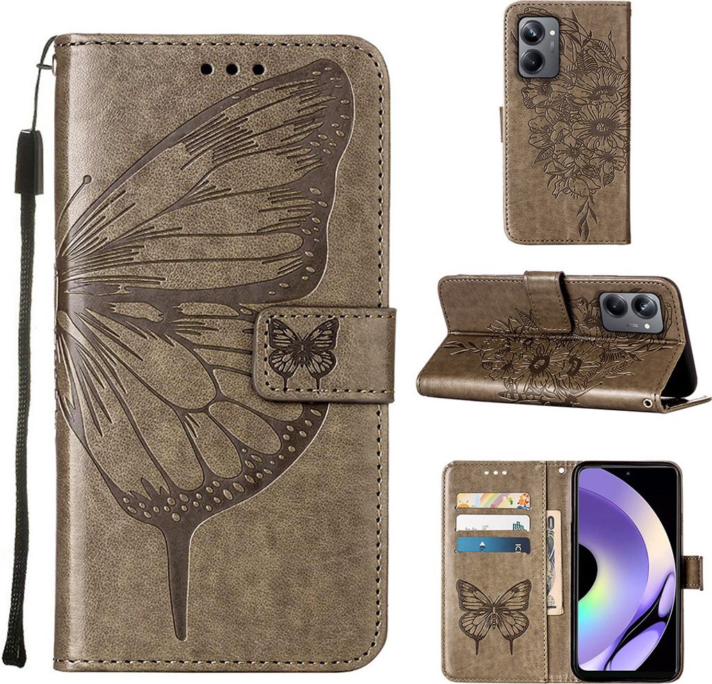 Lederhülle für Realme 10 Pro 5G Schmetterling Prägung Flip Ledertasche Kartenfächer Handyhülle mit Ständer Grau