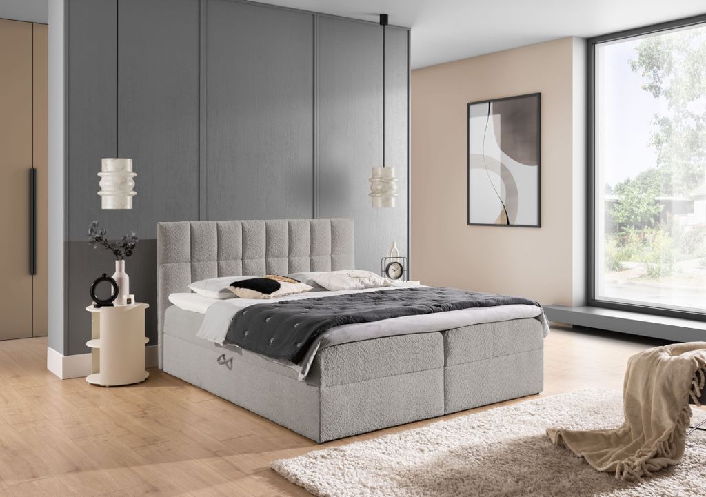 Doppelbett mit Polsterung 140x200 ALIBINA - hellgrau + Matratzenauflage