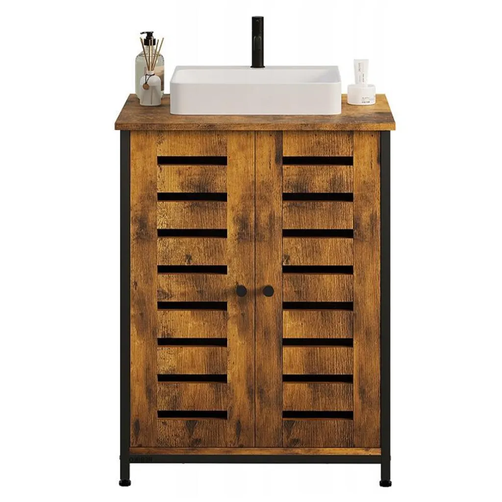 Meuble sous-vasque bois marron et métal noir style loft robuste