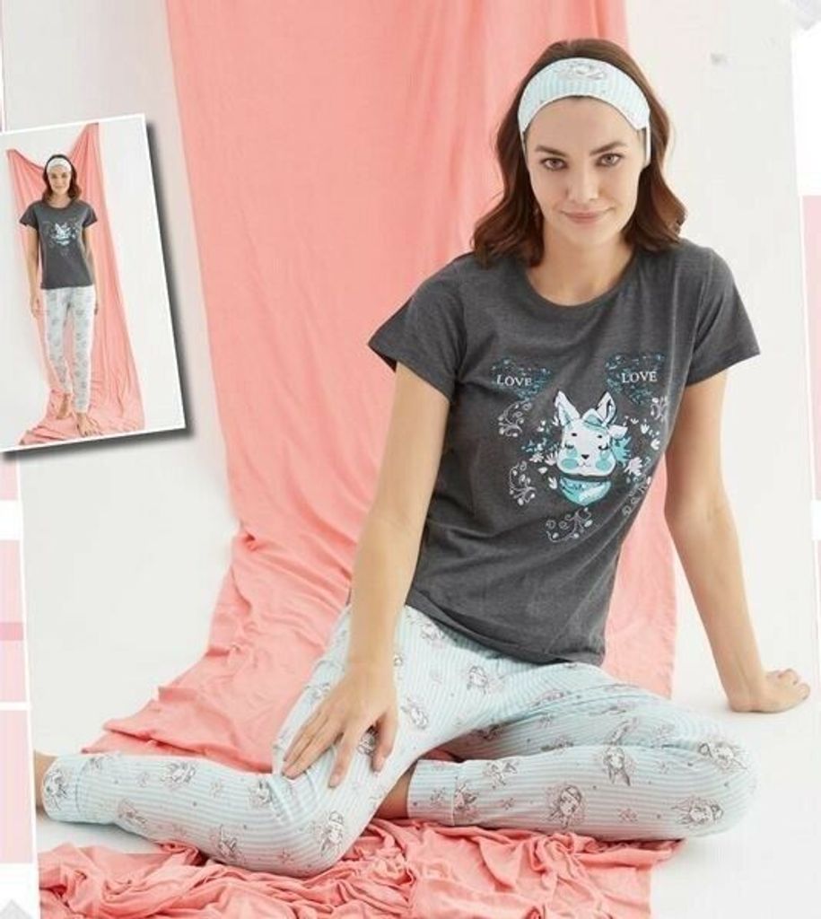 Damen Pyjama Schlafanzug Grau L Kurz 3-Teiler Set mit Augenband S-82