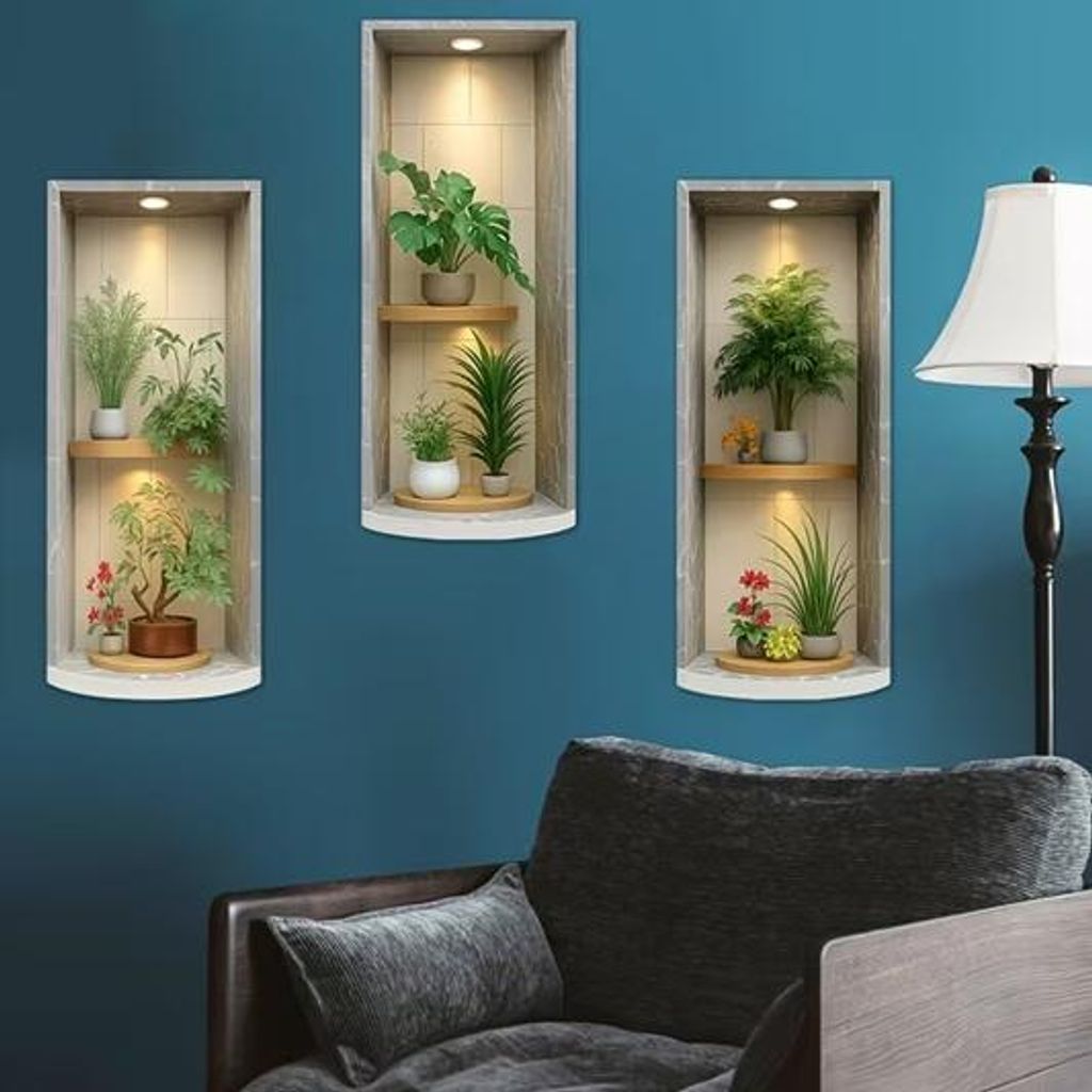 GKA 3 Stück 3D Wandtattoo A3 Grünpflanzen Palmen Topfpflanzen Blumen LED-Licht Wandregal Wandaufkleber Aufkleber Wandsticker Regal 50 cm x 40 cm