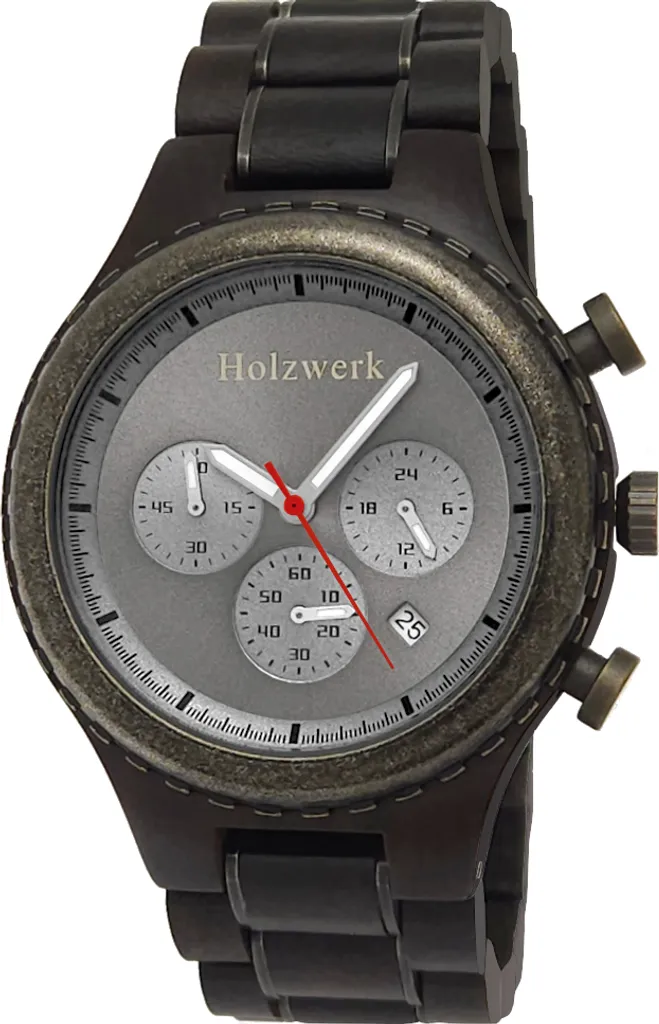 Montre chronographe bois ISERLOHN pour homme, dateur, noir gris argent