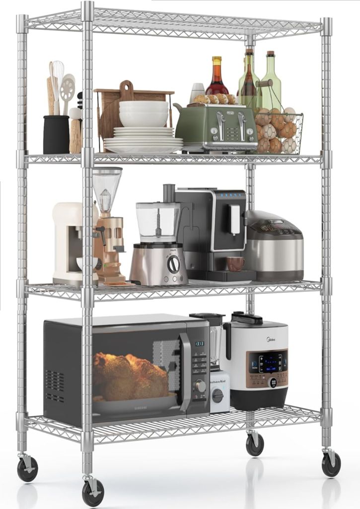 A four-tier wire shelving unit filled with various kitchen appliances and accessories.