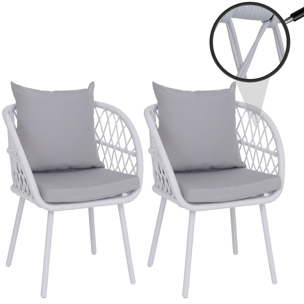 2er-Set Gartenstuhl HWC-Q38, Gartensessel Armlehne, Aluminium Seilgeflecht Rope Gestell hellgrau, Polster hellgrau