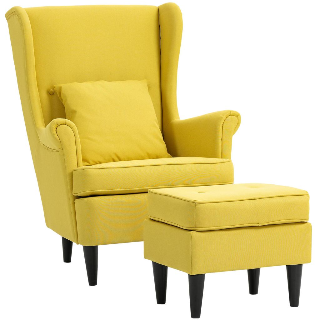 HOMCOM Ohrensessel mit Hocker Sessel mit Leinenoptik, Lendenkissen Gelb