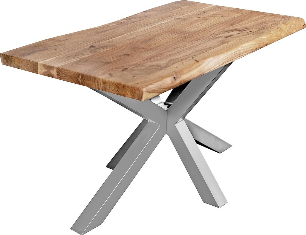 Esstisch 160 x 85 cm Cali, Baumkantentisch naturfarben, Akazienholz massiv, Spider-Gestell aus Metall Silber, aufgedoppelte Kanten 25+25 mm