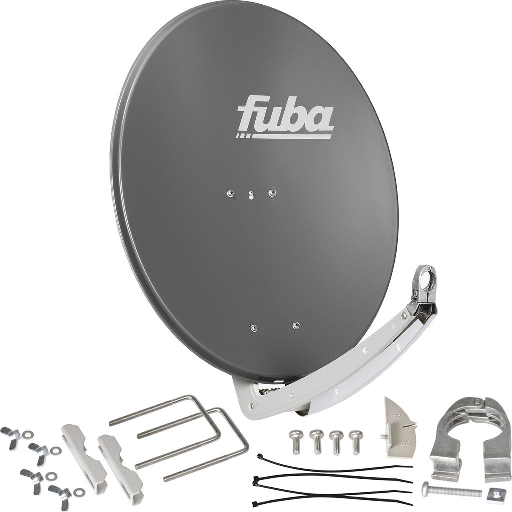 A satellite dish and its mounting hardware are displayed against a white background.