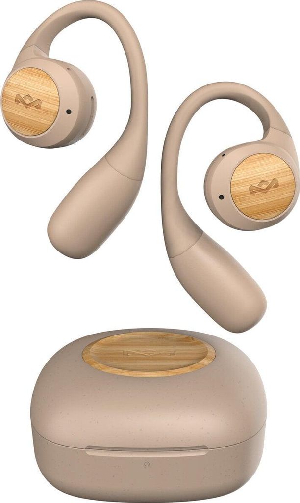 A pair of beige wireless earbuds with a wooden accent, displayed with their charging case.
