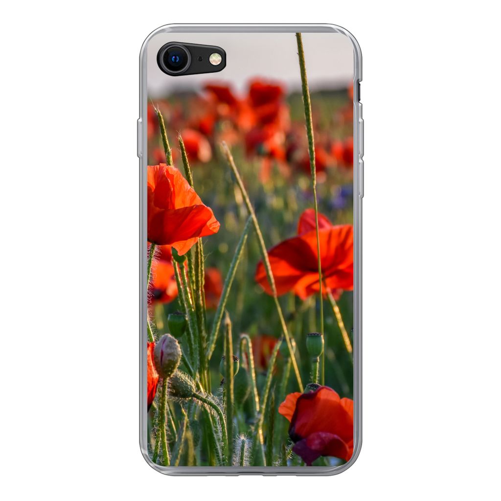 MuchoWow Handyhülle Schutzhülle Hülle für iPhone SE 2020 Blumen - Mohnblumen - Natur - Rot Silikon Softcase Handy Hülle - Kartenbesitzer