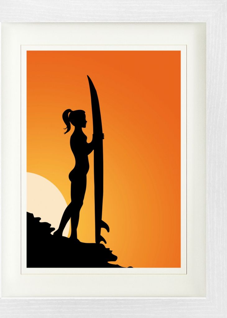 Schöne Frauen Gerahmtes Bild Mit Edlem Passepartout | Wand-Bilder | Im Bilderrahmen - Surferin Silhouette Bei Sonnenuntergang (40 x 30 cm)
