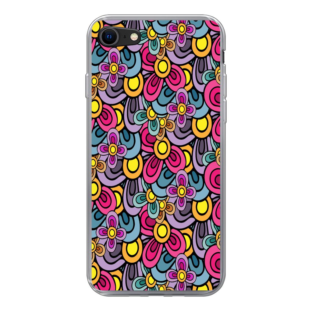 MuchoWow Handyhülle Schutzhülle Hülle für iPhone SE 2022 Diagramm - Hippie - Blumen - Lila Silikon Softcase Handy Hülle - Schutzhülle