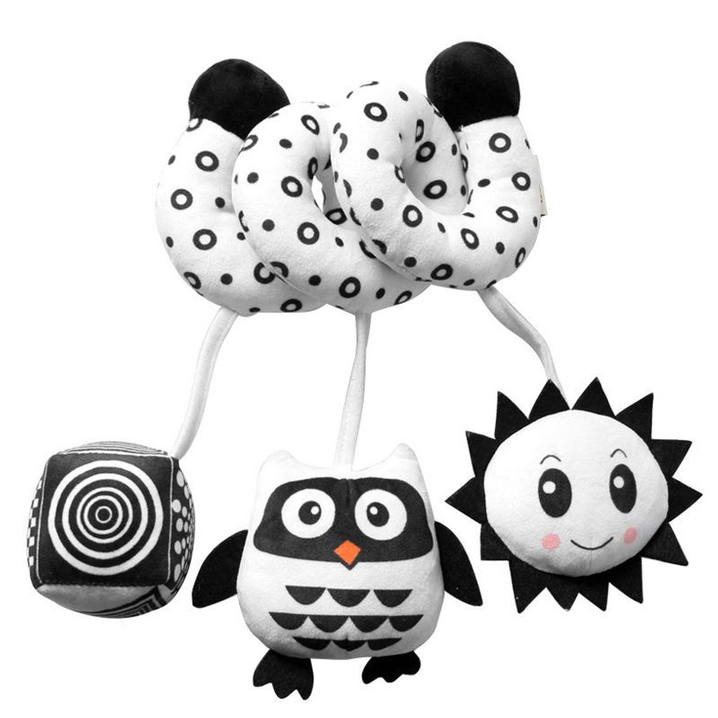 Baby Bettspirale Spielzeug schwarz weiß Stern Käfer Mond mit Quietsche, Rassel und Musikbox für Kinderwagen und Bett, Eule