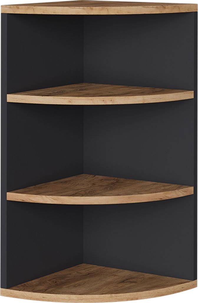 A corner shelf unit with three shelves.
