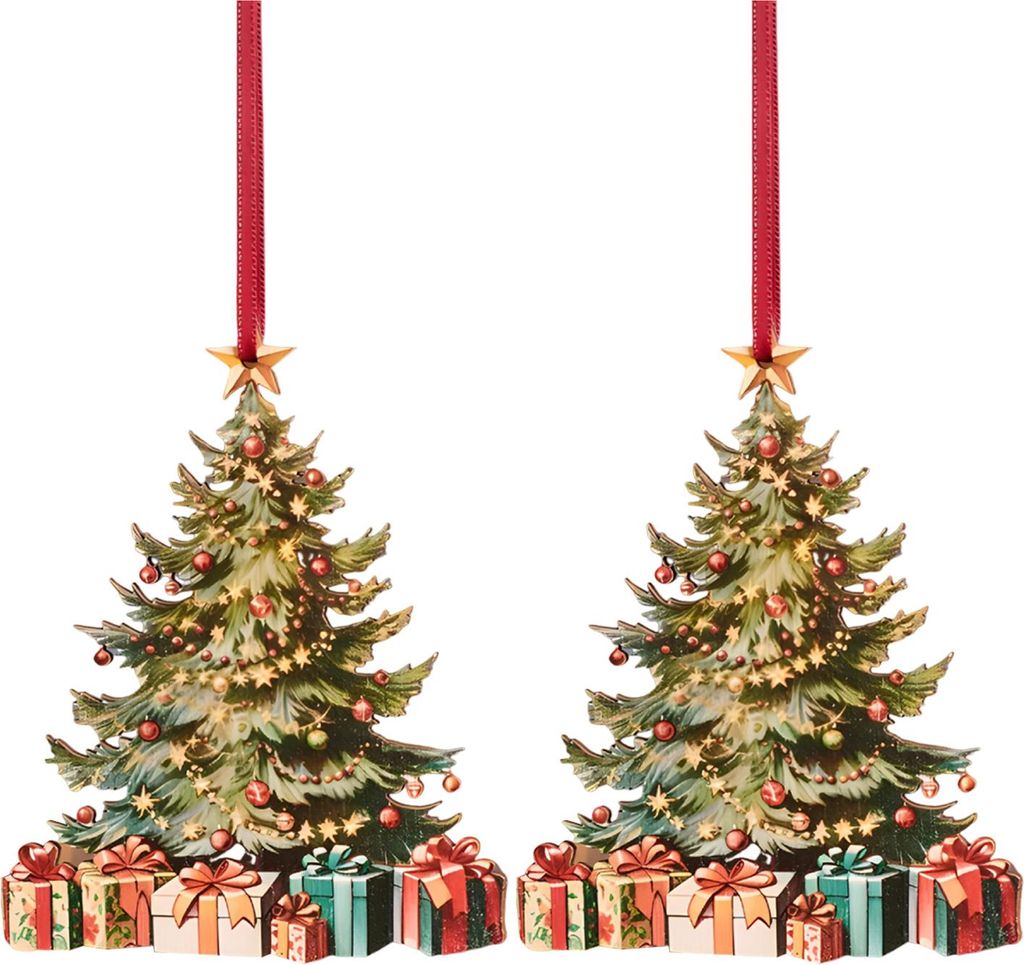 Weihnachtsbaumschmuck aus Holz, 2D, flach, baumförmig, zum Aufhängen, mit Geschenkboxen für die Weihnachtsdekoration zu Hause.