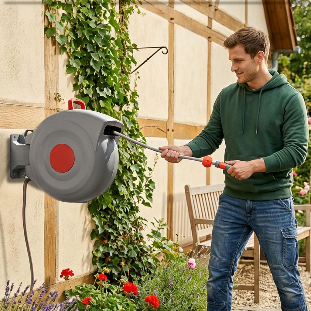Clinvia 30m Gartenschlauch Aufroller für ca. 1.413 m² Abdeckung, Teleskopschlauch mit 9-Fach Sprühkopf, Schwenkbare Schlauchtrommel Wand, Rostfr...