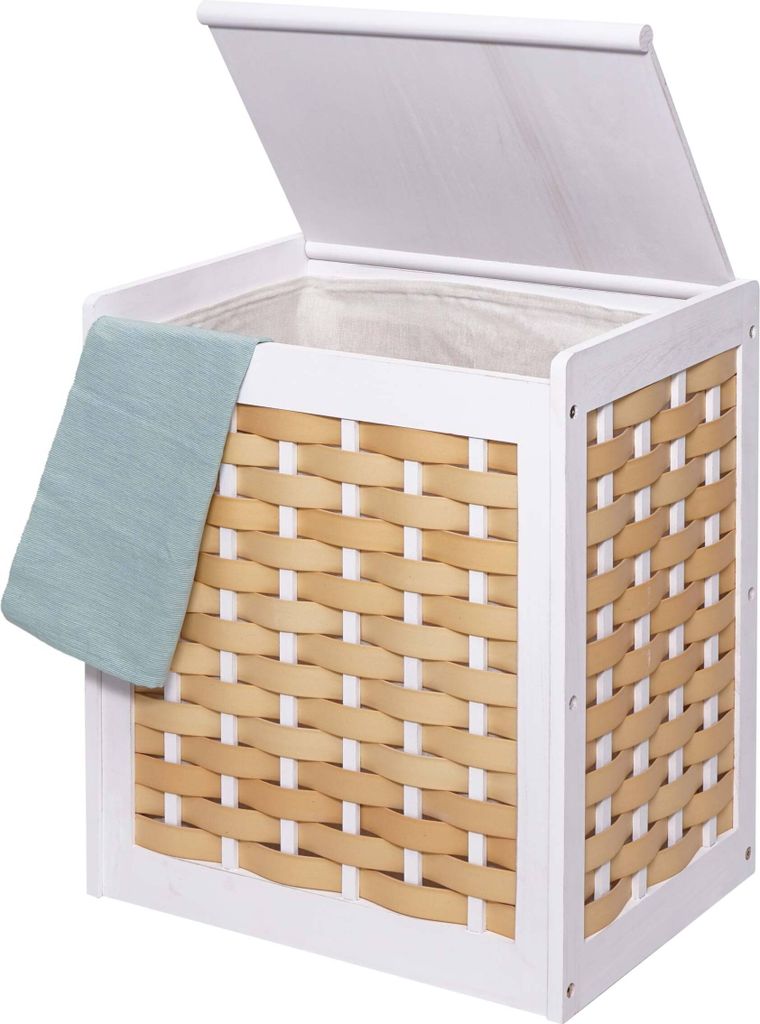 Wäschekorb MCW-G37, Wäschesammler Wäschesortierer Wäschebox, Massiv-Holz Shabby-Look Geflecht 61x51x35cm weiß