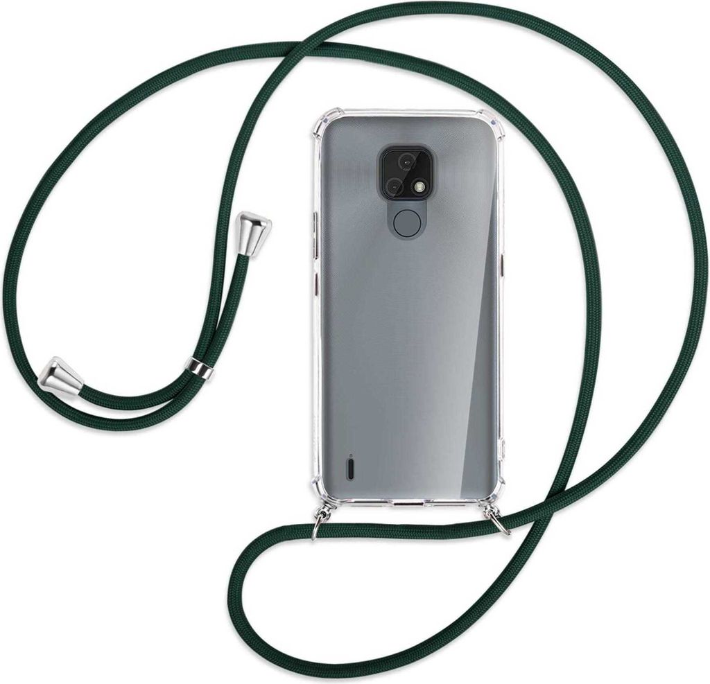 Handykette Backcover-Schutzhülle mit Band (Metall silberfarben) für Motorola Moto E7 - dunkelgrün