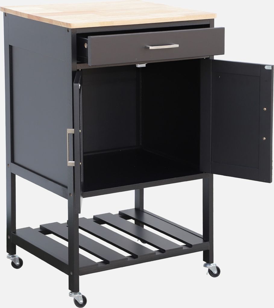 A black kitchen cart with a wooden top, open drawer, and open cabinet door, shown on a white background.