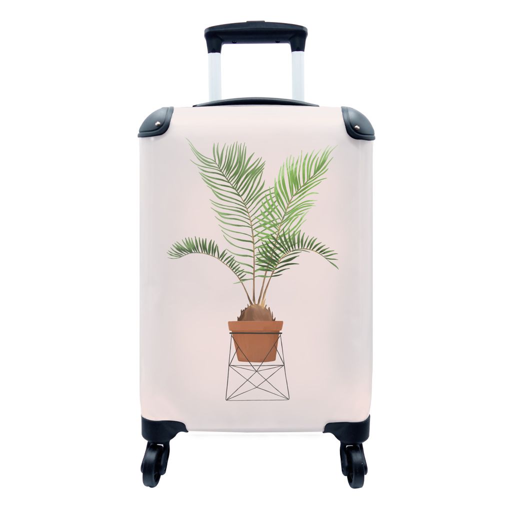 MuchoWow Koffer Handgepäck Trolley Rollkoffer Kleine Reisekoffer mit 4 Rollen - Pflanze - Palme - Pastell - Rosa - Cabin Size < 55x40x23 cm & 55...