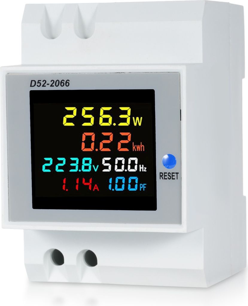 D52-2066 6-in-1 Digitaler Einphasen-Energiezaehler-Tester Din-Schienen-Wechselstrommonitor Spannung Strom Leistungsfaktor Aktiv KWH Wechselstrom 25...