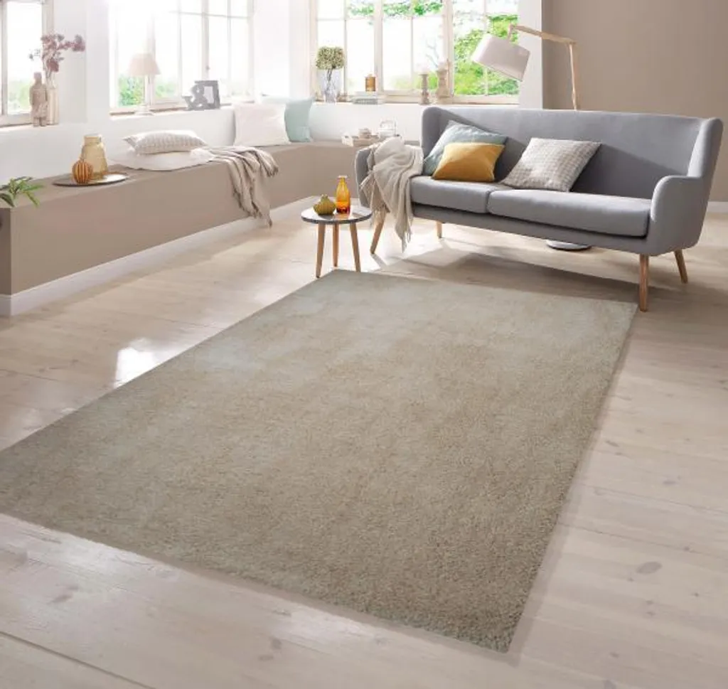 Grand Tapis de Salon à Poils Longs Beige Moka Uni - Shaggy 200x290 cm