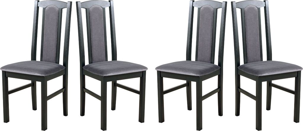 Four black dining chairs with gray upholstered seats and backs are arranged in a row against a white background.