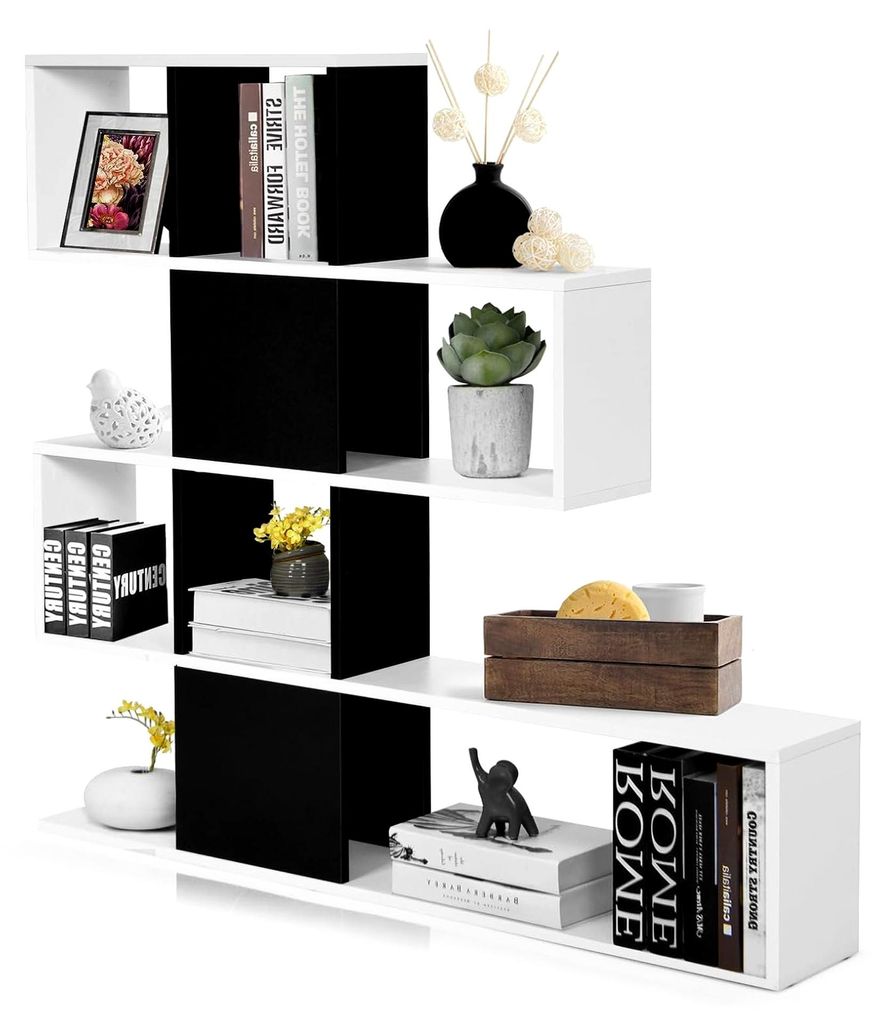 Bücherregal mit 10 Fächern, Raumteiler Regal, Stufenregal aus Holz für Schlafzimmer und Wohnzimmer, 120 x 19,5 x 109 cm (Schwarz und Weiß)
