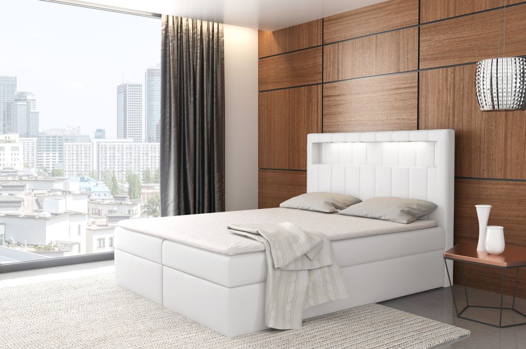 Bett mit 2 Bettkästen , ALDEN Boxspringbett , Pocket Matratze und Topper , Doppelbett Polsterbett , LED ( 180x200 cm , Weiß - Kunstleder - Madryt...