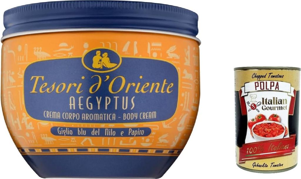 6x Tesori d’Oriente Crema Corpo Aegyptus, Körpercreme Blaue Lilie des Nils und Papyrusmilch, 300ml + Italian Gourmet polpa 400g
