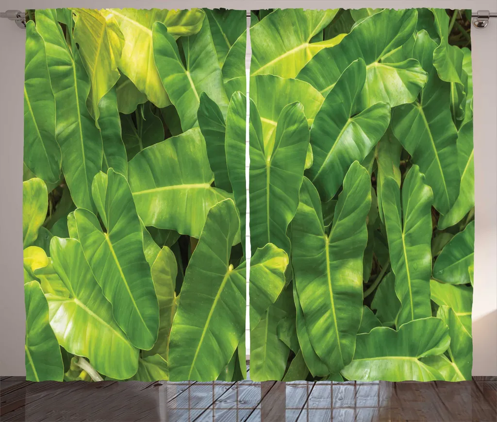 Rideau Tropical Vert Olive Motif Philodendron 280x225cm avec Crochets Inclus