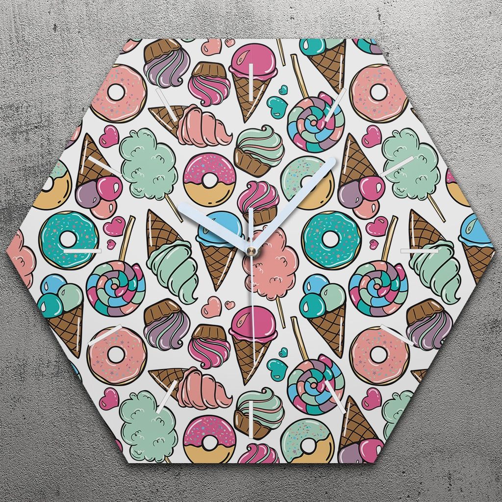 Uhr hexagonal 40 cm Glas Geräuschlos weiße Zeiger - süße Eis und Krapfen