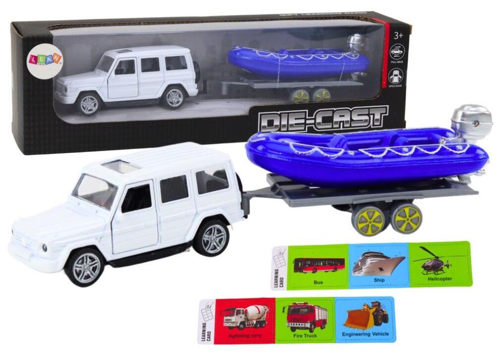 Leantoys Auto Terenowe Z Przyczep? I Motorówk? Metalowy Bia?y Niebieski