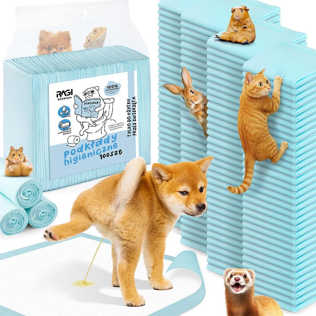 A product image featuring pet training pads with various animals interacting with them.