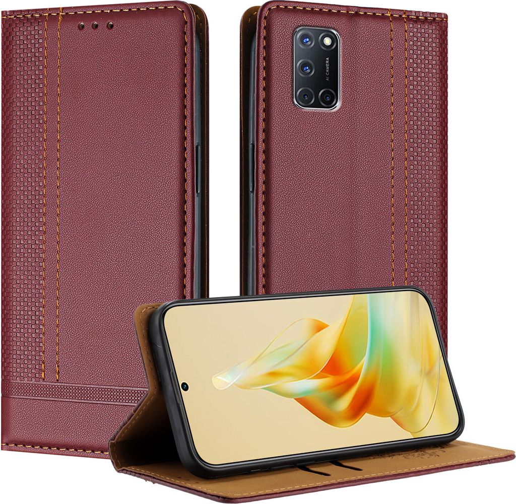 Handyhülle für OPPO A52 A72 A92 4G Leder Flip Klappbare Schutzhülle mit Standfunktion Dunkelrot